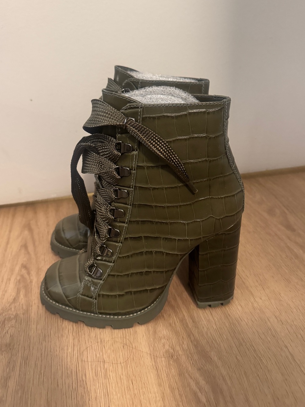 SCHUTZ Olive Croc-Embossed Lace-Up Block Heel Boot - Picture 3 of 4